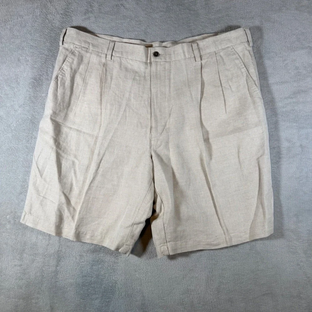 Caribbean Mens Pleated Linen Cotton Blend Shorts Beige Oatmeal 42 Herringbone